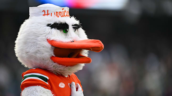 Dec 28, 2023; Bronx, NY, USA; Miami Hurricanes mascot stands for the national anthem.