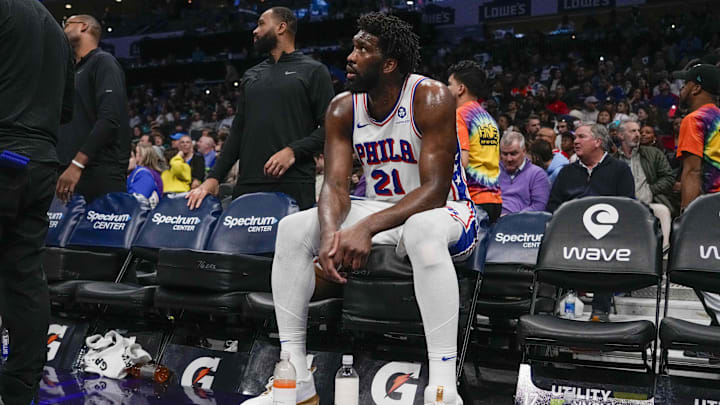 Jan 20, 2024; Charlotte, North Carolina, USA; Philadelphia 76ers center Joel Embiid (21) during a break in the action against the Charlotte Hornets during the second half at Spectrum Center. Mandatory Credit: Jim Dedmon-Imagn Images Jan 20, 2024; Charlotte, North Carolina, USA; Philadelphia 76ers center Joel Embiid (21) during a break in the action against the Charlotte Hornets during the second half at Spectrum Center. Mandatory Credit: Jim Dedmon-Imagn Images