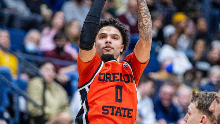 February 22, 2024; Berkeley, California, USA; Oregon State Beavers guard Jordan Pope (0) shoots the