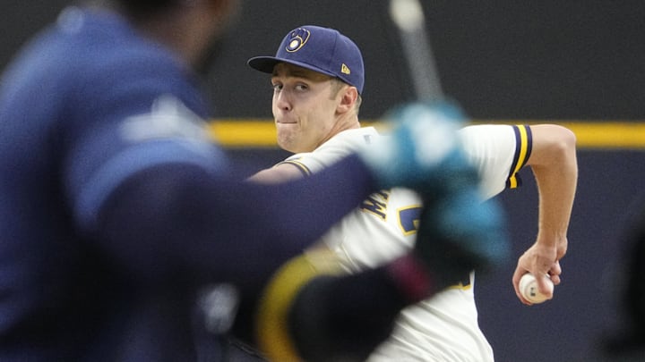 Apr 1, 2026; Milwaukee, Wisconsin, USA; Milwaukee Brewers pitcher Jacob Misiorowski (32) delivers a pitch against the Tampa Bay Rays in the first inning at American Family Field. Mandatory Credit: Michael McLoone-Imagn Images