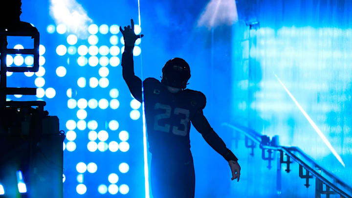 Jacksonville Jaguars linebacker Foyesade Oluokun (23) is introduced before a regular season NFL football matchup Sunday, Dec. 17, 2023 at EverBank Stadium in Jacksonville, Fla. The Baltimore Ravens defeated the Jacksonville Jaguars 23-7. 
