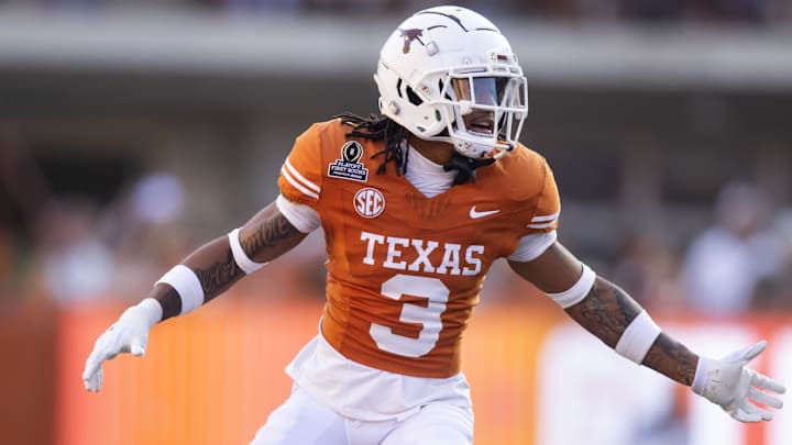 Dec 21, 2024; Austin, Texas, USA; Texas Longhorns defensive back Jaylon Guilbeau (3) against the Clemson Tigers during the CFP National playoff first round at Darrell K Royal-Texas Memorial Stadium. Mandatory Credit: Mark J. Rebilas-Imagn Images