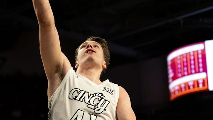 Cincinnati Bearcats guard-forward Simas Lukošius (41) hits a layup after a steal in the first half of the NCAA basketball game against the Arizona State Sun Devils at Fifth Third Arena in Cincinnati on Saturday, January 18, 2025.