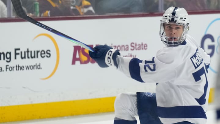 Oct 4, 2025; Tempe, AZ, USA; Penn State Nittany Lions forward Gavin McKenna (72) shoots and scores a goal against the Arizona State Sun Devils during the third period at Mullett Arena. Mandatory Credit: Joe Camporeale-Imagn Images