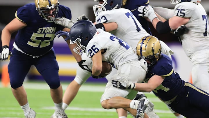 Chanhassen's Carter Carstens makes a tackle in the 2023 Class 5A Prep Bowl