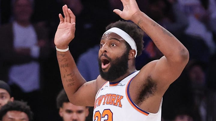 Feb 4, 2026; New York, New York, USA; New York Knicks center Mitchell Robinson (23) reacts after getting called for a foul in the second overtime against the Denver Nuggets at Madison Square Garden. Mandatory Credit: Wendell Cruz-Imagn Images Feb 4, 2026; New York, New York, USA; New York Knicks center Mitchell Robinson (23) reacts after getting called for a foul in the second overtime against the Denver Nuggets at Madison Square Garden. Mandatory Credit: Wendell Cruz-Imagn Images