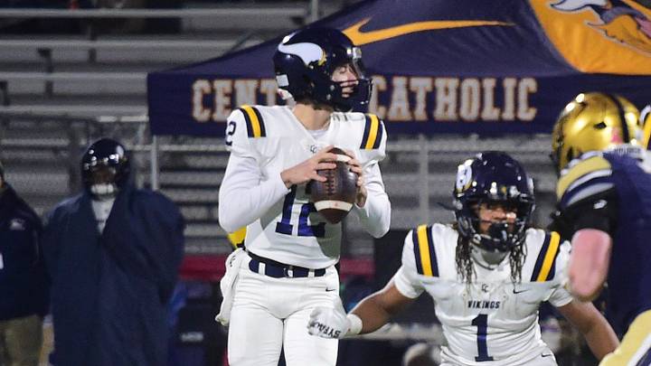 Central Catholic quarterback Owen Herrick steps back in the pocket during the PIAA Class 6A football championship game at Cumberland Valley High School, Friday, Dec. 6, 2025, in Mechanicsburg, Pa. Central Catholic quarterback Owen Herrick steps back in the pocket during the PIAA Class 6A football championship game at Cumberland Valley High School, Friday, Dec. 6, 2025, in Mechanicsburg, Pa.