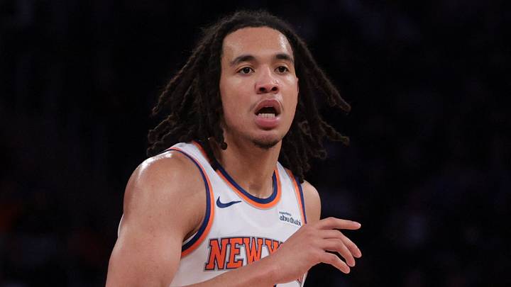 Oct 13, 2025; New York, New York, USA; New York Knicks forward Pacome Dadiet (4) dribbles up court during the first half against the Washington Wizards at Madison Square Garden. Mandatory Credit: Vincent Carchietta-Imagn Images