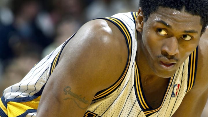 April 6, 2004; Indianapolis, IN, USA; Indiana's Ron Artest takes a break during game action. The Indianapolis Pacers hosted the New York Knicks Tuesday night April 6 2004 at Conseco Fieldhouse in Indianapolis IN. The Pacers won the game 107-86. Mandatory Credit: Sam Riche-USA TODAY NETWORK April 6, 2004; Indianapolis, IN, USA; Indiana's Ron Artest takes a break during game action. The Indianapolis Pacers hosted the New York Knicks Tuesday night April 6 2004 at Conseco Fieldhouse in Indianapolis IN. The Pacers won the game 107-86. Mandatory Credit: Sam Riche-USA TODAY NETWORK