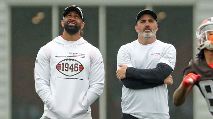 Cleveland Browns general manager Andrew Berry, left, and coach Kevin Stefanski watch as wide receiver Gage Larvadain practices with the special teams during an NFL practice at the Cleveland Browns training facility on Wednesday, May 28, 2025, in Berea, Ohio. Cleveland Browns general manager Andrew Berry, left, and coach Kevin Stefanski watch as wide receiver Gage Larvadain practices with the special teams during an NFL practice at the Cleveland Browns training facility on Wednesday, May 28, 2025, in Berea, Ohio.