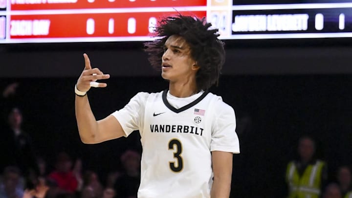 Jan 31, 2026; Nashville, TN, USA;  Vanderbilt Commodores guard Tyler Tanner (3) reacts after a made three-point basket against the Mississippi Rebels during the second half at Memorial Gymnasium. Mandatory Credit: Steve Roberts-Imagn Images