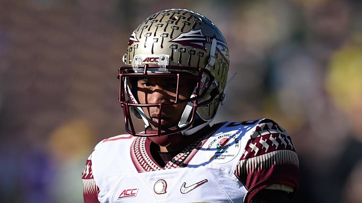 Jan 1, 2015; Pasadena, CA, USA; Florida State Seminoles wide receiver Rashad Greene (80) prior to the game against the Oregon Ducks in the 2015 Rose Bowl college football game at Rose Bowl. Mandatory Credit: Kelvin Kuo-Imagn Images