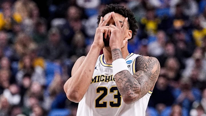 Michigan forward Yaxel Lendeborg (23) celebrates a 3-pointer against Saint Louis during the second half of NCAA Tournament Second Round at KeyBank Center in Buffalo on Saturday, March 21, 2026. Michigan forward Yaxel Lendeborg (23) celebrates a 3-pointer against Saint Louis during the second half of NCAA Tournament Second Round at KeyBank Center in Buffalo on Saturday, March 21, 2026.