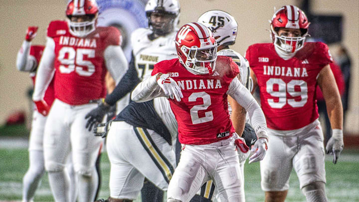 Indiana's Jalin Walker (2) celebrates a sack during the Indiana versus Purdue football game at Memorial Stadium on Saturday, Nov. 30, 2024.