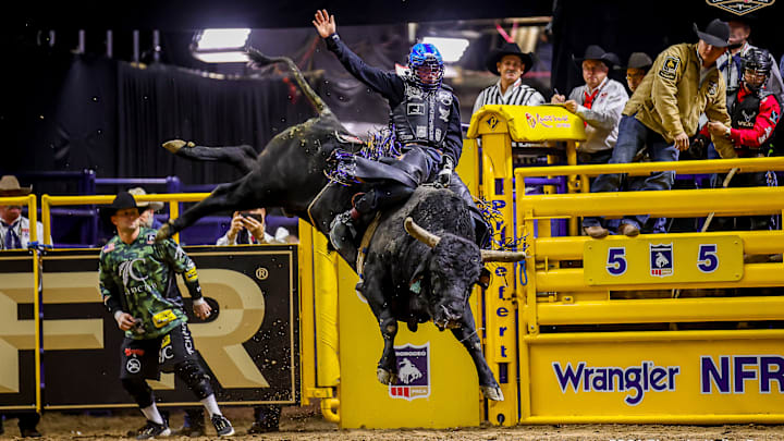 Tristen Hutchings, seen here in a file photo, was the lone bull rider to cover both animals he faced at the 47th annual George Paul Xtreme Bulls event. Tristen Hutchings, seen here in a file photo, was the lone bull rider to cover both animals he faced at the 47th annual George Paul Xtreme Bulls event.