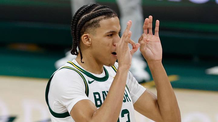 Dec 21, 2025; Waco, Texas, USA; Baylor Bears guard Cameron Carr (43) reacts after a play against the Southern University Jaguars during the first half at Paul and Alejandra Foster Pavilion. Mandatory Credit: Chris Jones-Imagn Images