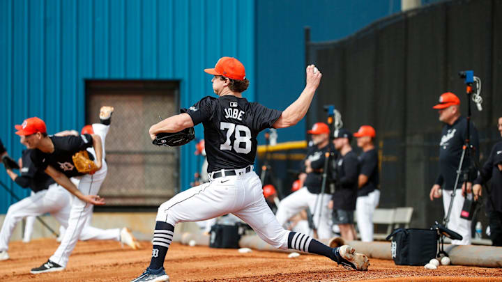 Detroit Tigers pitcher Jackson Jobe throws during spring training at TigerTown in Lakeland, Fla. on Friday, Feb. 16, 2024. Detroit Tigers pitcher Jackson Jobe throws during spring training at TigerTown in Lakeland, Fla. on Friday, Feb. 16, 2024.