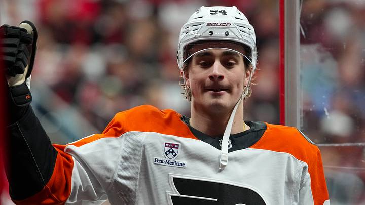 May 2, 2026; Raleigh, North Carolina, USA; Philadelphia Flyers right wing Porter Martone (94) comes off the ice during the warmups against the Carolina Hurricanes at Lenovo Center.
