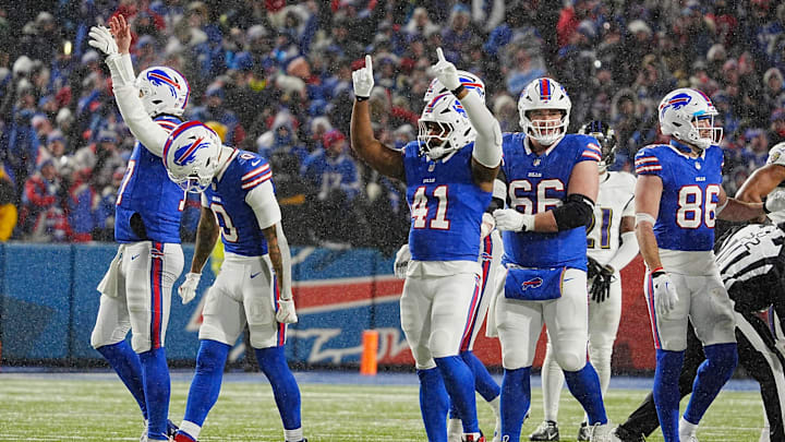 The Bills turn and celebrate with the crowd their victory over the Baltimore Ravens at Highmark Stadium in Orchard Park on Jan. 19, 2025.