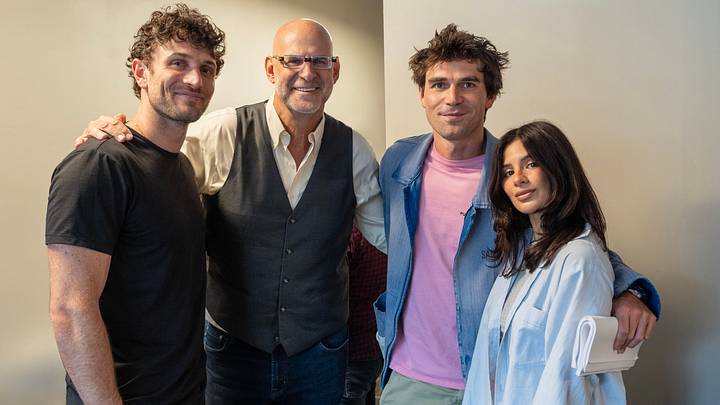 MYRON BOLITAR. (L to R) Colin Woodell, Executive Producer Harlan Coben, KJ Apa, and Diane Guerrero at the first table read for Myron Bolitar. Cr. Michele K. Short/Netflix© 2026