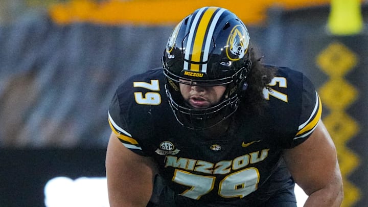 Aug 28, 2025; Columbia, Missouri, USA; Missouri Tigers offensive lineman Keagen Trost (79) on the line of scrimmage against the Central Arkansas Bears during the game at Faurot Field at Memorial Stadium. Mandatory Credit: Denny Medley-Imagn Images