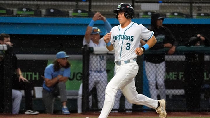 Daytona Tortugas Sammy Stafura trots to home plate to score during a game with the Palm Beach Cardinals at Jackie Robinson Ballpark in Daytona Beach, Friday, June 27, 2025.