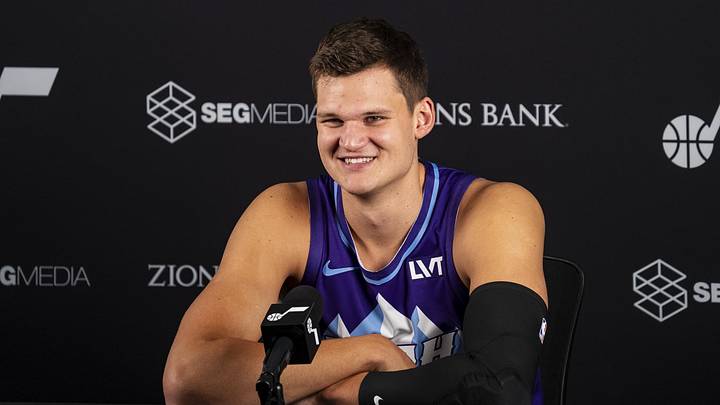 Sep 30, 2024; Salt Lake City, USA; Utah Jazz center Walker Kessler (24) talks to the media during media day at Zions Bank Basketball Campus. Mandatory Credit: Utah Jazz via Imagn Images Sep 30, 2024; Salt Lake City, USA; Utah Jazz center Walker Kessler (24) talks to the media during media day at Zions Bank Basketball Campus. Mandatory Credit: Utah Jazz via Imagn Images