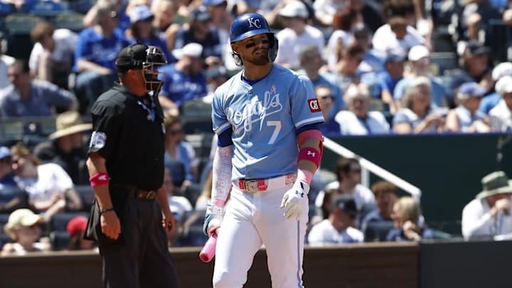 May 11, 2025; Kansas City, Missouri, USA; Kansas City Royals shortstop Bobby Witt Jr. (7) strikes out at Kauffman Stadium. Mandatory Credit: Gary Rohman-Imagn Images May 11, 2025; Kansas City, Missouri, USA; Kansas City Royals shortstop Bobby Witt Jr. (7) strikes out at Kauffman Stadium. Mandatory Credit: Gary Rohman-Imagn Images