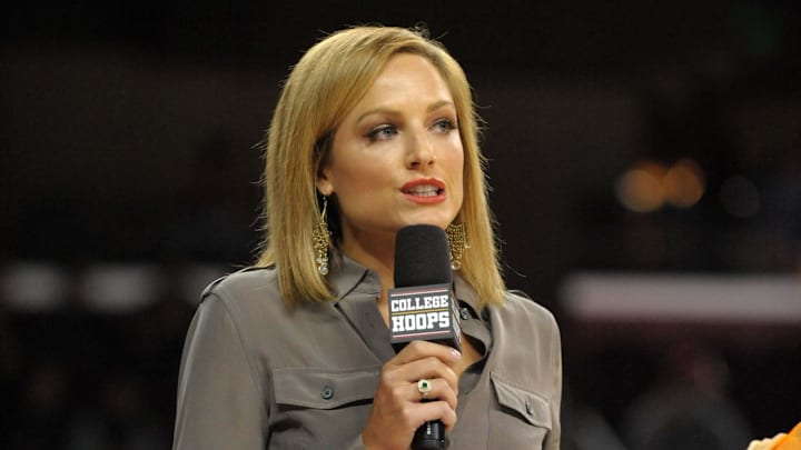 Dec 17, 2011; Los Angeles, CA, USA; Sports broadcaster Rebecca Haarlow at the NCAA basketball game between the Georgia Bulldogs and the Southern California Trojans at the Galen Center. Mandatory Credit: Kirby Lee/Image of Sport-Imagn Images