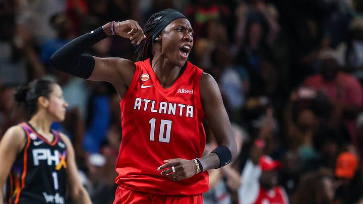 May 24, 2026; College Park, Georgia, USA; Atlanta Dream guard Rhyne Howard (10) celebrates a three point shot against the Phoenix Mercury during the fourth quarter at Gateway Center Arena at College Park. Mandatory Credit: Jordan Godfree-Imagn Images