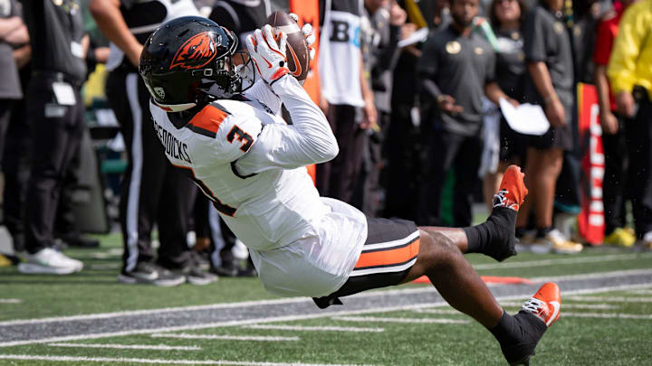 Oregon State Beavers wide receiver Taz Reddicks hauls in a reception as the Oregon Ducks host the Oregon State Beavers Sept. 20, 2025, at Autzen Stadium in Eugene, Oregon.