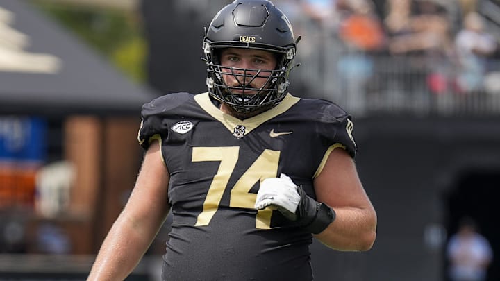 Sep 9, 2023; Winston-Salem, North Carolina, USA; Wake Forest Demon Deacons offensive lineman Luke Petitbon (74) during the second quarter at Allegacy Federal Credit Union Stadium. Mandatory Credit: Jim Dedmon-Imagn Images