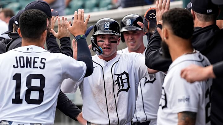 Detroit Tigers third baseman Kevin McGonigle (7) celebrates with teammates after scoring a run from right fielder Kerry Carpenter’s sacrifice fly ball during the seventh inning against Kansas City Royals at Comerica Park in Detroit on Thursday, April 16, 2026.
