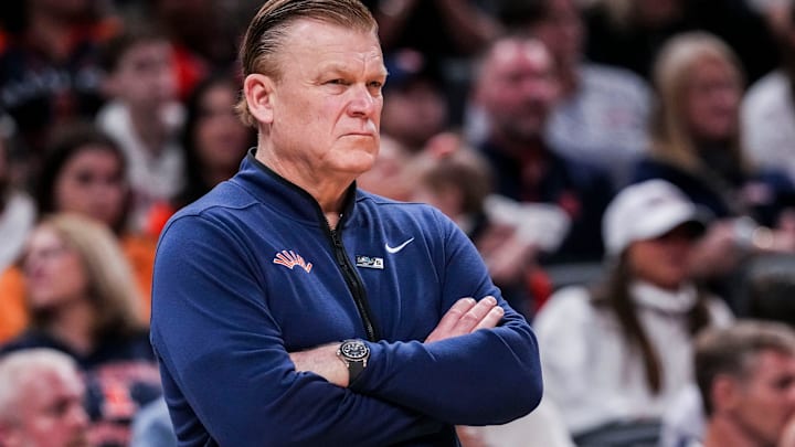 Illinois Fighting Illini head coach Brad Underwood watches the action Friday, March 14, 2025, in a quarterfinals game at the 2025 TIAA Big Ten Tournament between the Maryland Terrapins and the Illinois Fighting Illini at Gainbridge Fieldhouse in Indianapolis.