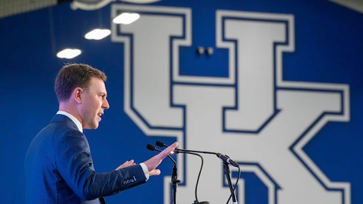 New Kentucky Wildcat head coach Will Stein makes remarks as he is introduced at Kentucky on Wednesday, December 3, 2025
