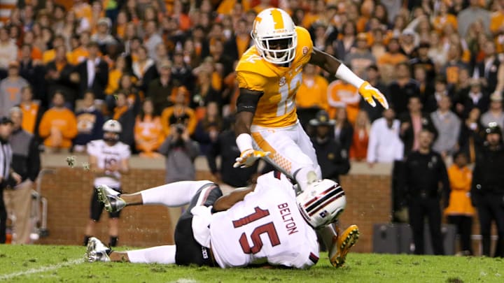 South Carolina football receiver Matrick Belton making a sliding catch against Tennessee