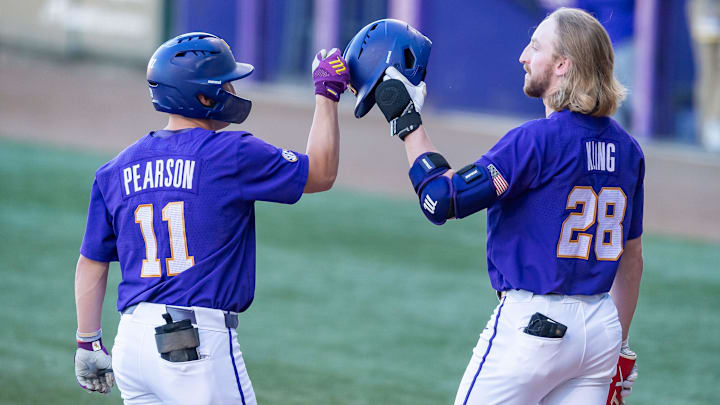 Josh Pearson 11 hits a homerun as the LSU Tigers take on the Vanderbilt Commodores at Alex Box