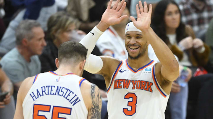 Mar 3, 2024; Cleveland, Ohio, USA; New York Knicks guard Josh Hart (3) and center Isaiah Hartenstein (55) celebrate a win over the Cleveland Cavaliers at Rocket Mortgage FieldHouse. Mandatory Credit: David Richard-Imagn Images