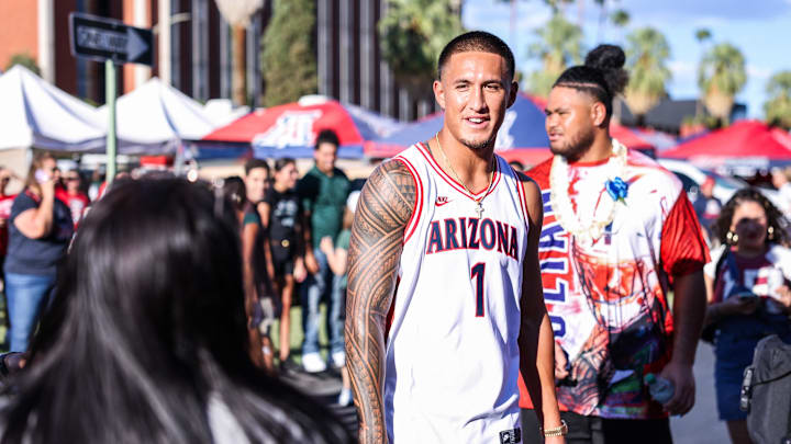 Aug 30, 2025; Tucson, Arizona, USA; Carolina Panthers wide receiver Tetairoa McMillan (4) waits for the Arizona Wildcats team to arrive before the start of the game against the Hawaii Rainbow Warriors at Arizona Stadium. Mandatory Credit: Aryanna Frank-Imagn Images