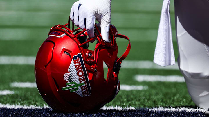 Oct 4, 2025; Tucson, Arizona, USA; The helmet of an Arizona Wildcats player is seen in the end zone before the ga,e against the Oklahoma State Cowboys at Arizona Stadium. Mandatory Credit: Aryanna Frank-Imagn Images Oct 4, 2025; Tucson, Arizona, USA; The helmet of an Arizona Wildcats player is seen in the end zone before the ga,e against the Oklahoma State Cowboys at Arizona Stadium. Mandatory Credit: Aryanna Frank-Imagn Images