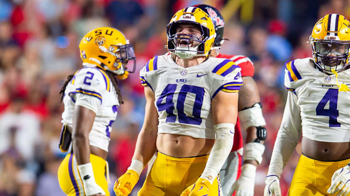 Linebacker Whit Weeks 40 sacks quarterback Jaxson Dart 2 as the LSU Tigers take on the Ole Miss Rebels at Tiger Stadium in Baton Rouge, LA. Saturday, Oct. 12, 2024.Saturday, Oct. 12, 2024. Linebacker Whit Weeks 40 sacks quarterback Jaxson Dart 2 as the LSU Tigers take on the Ole Miss Rebels at Tiger Stadium in Baton Rouge, LA. Saturday, Oct. 12, 2024.Saturday, Oct. 12, 2024.