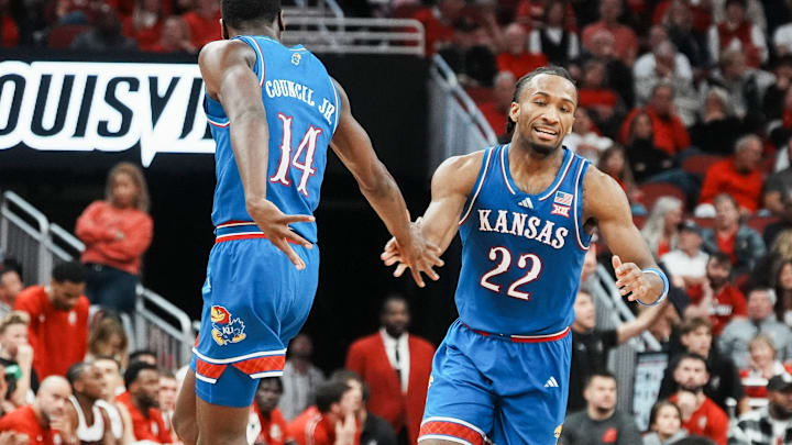 Kansas Jayhawks guard Darryn Peterson (22) scored 26 points as the Jayhawks beat host Louisville 90-82 during an exhibition game at the KFC Yum! Center in Louisville, Kentucky Friday, October 24, 2025.