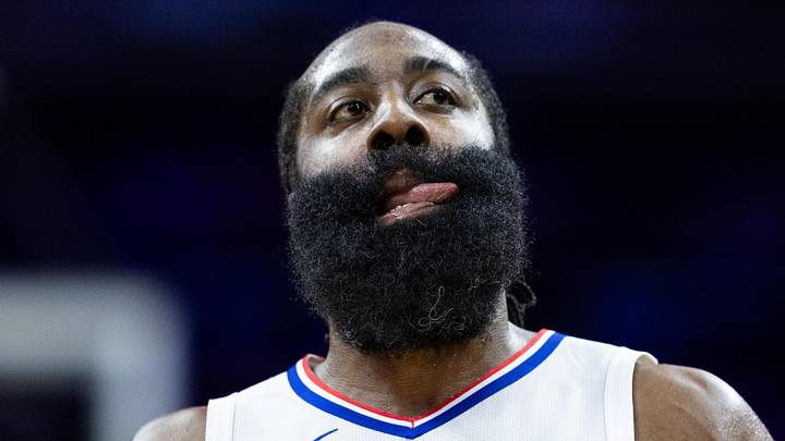 LA Clippers guard James Harden (1) reacts after his score against the Philadelphia 76ers during the first quarter at Wells Fargo Center on March 27, 2024.