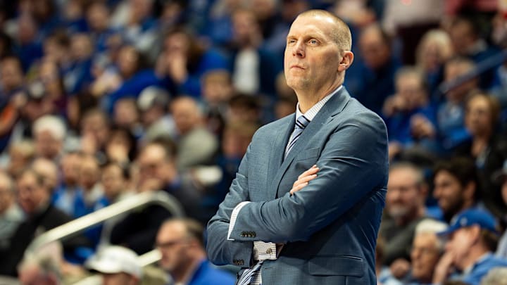Kentucky head coach Mark Pope looks on as his Wildcats squad face the Bellarmine Knights at Rupp Arena in Lexington, Kentucky on Dec. 23, 2025. Kentucky head coach Mark Pope looks on as his Wildcats squad face the Bellarmine Knights at Rupp Arena in Lexington, Kentucky on Dec. 23, 2025.