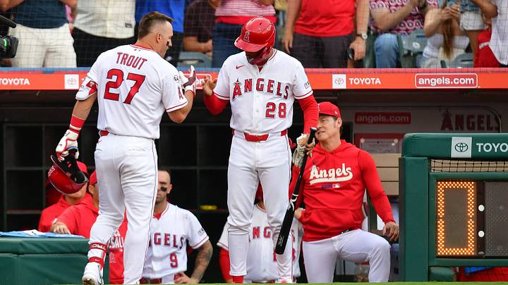 Aug 10, 2026; Anaheim, California, USA; Los Angeles Angels center fielder Mike Trout (27) is greeted by center fielder Jose Siri (28) after hitting a solo home run against the Texas Rangers during the first inning at Angel Stadium. Mandatory Credit: Gary A. Vasquez-Imagn Images Aug 10, 2026; Anaheim, California, USA; Los Angeles Angels center fielder Mike Trout (27) is greeted by center fielder Jose Siri (28) after hitting a solo home run against the Texas Rangers during the first inning at Angel Stadium. Mandatory Credit: Gary A. Vasquez-Imagn Images