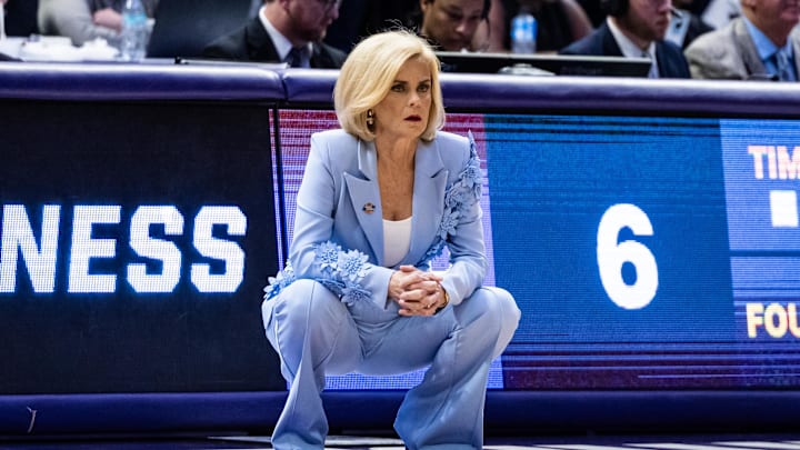 Mar 22, 2025; Baton Rouge, Louisiana, USA; LSU Lady Tigers head coach Kim Mulkey looks on against the San Diego State Aztecs during the first half at Pete Maravich Assembly Center. Mandatory Credit: Stephen Lew-Imagn Images Mar 22, 2025; Baton Rouge, Louisiana, USA; LSU Lady Tigers head coach Kim Mulkey looks on against the San Diego State Aztecs during the first half at Pete Maravich Assembly Center. Mandatory Credit: Stephen Lew-Imagn Images