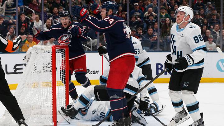 Mar 7, 2026; Columbus, Ohio, USA; Columbus Blue Jackets center Mathieu Olivier (24) celebrates his goal against the Utah Mammoth during the second period at Nationwide Arena. Mandatory Credit: Russell LaBounty-Imagn Images