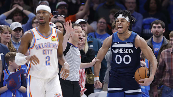 Feb 24, 2025; Oklahoma City, Oklahoma, USA; Minnesota Timberwolves guard Terrence Shannon Jr. (00) reacts after a play against the Oklahoma City Thunder during the second half at Paycom Center. Mandatory Credit: Alonzo Adams-Imagn Images