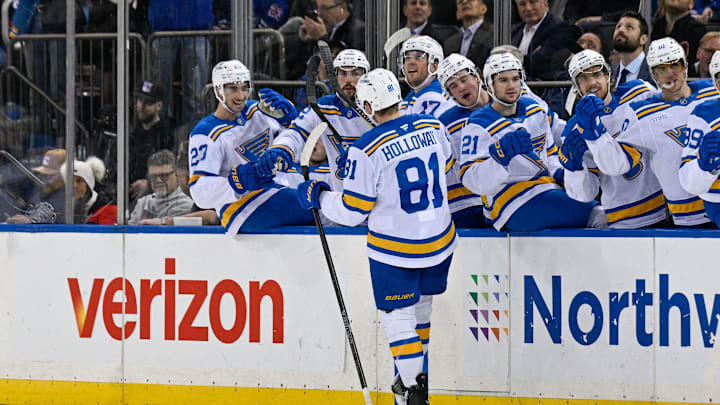Nov 24, 2025; New York, New York, USA; St. Louis Blues left wing Dylan Holloway (81) celebrates his goal against the New York Rangers during the first period at Madison Square Garden. Mandatory Credit: Dennis Schneidler-Imagn Images Nov 24, 2025; New York, New York, USA; St. Louis Blues left wing Dylan Holloway (81) celebrates his goal against the New York Rangers during the first period at Madison Square Garden. Mandatory Credit: Dennis Schneidler-Imagn Images