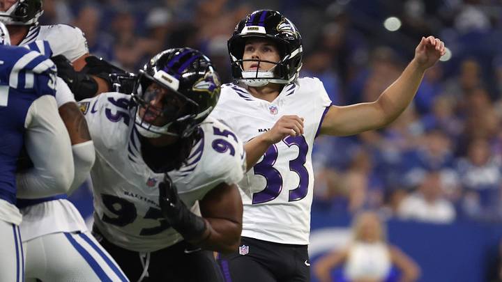 Sep 13, 2026; Indianapolis, Indiana, USA; Baltimore Ravens kicker Tyler Loop (33) kicks a field goal against the Indianapolis Colts during the second half at Lucas Oil Stadium. Mandatory Credit: Trevor Ruszkowski-Imagn Images Sep 13, 2026; Indianapolis, Indiana, USA; Baltimore Ravens kicker Tyler Loop (33) kicks a field goal against the Indianapolis Colts during the second half at Lucas Oil Stadium. Mandatory Credit: Trevor Ruszkowski-Imagn Images